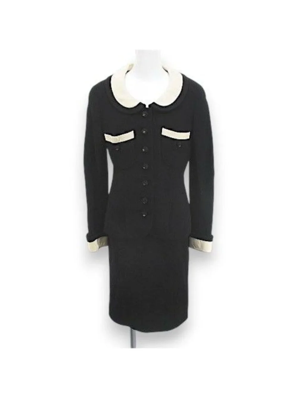 Chanel Vintage Set Jacket Knee Length Tight Skirt Silk 36 Black Hair Wool Lining